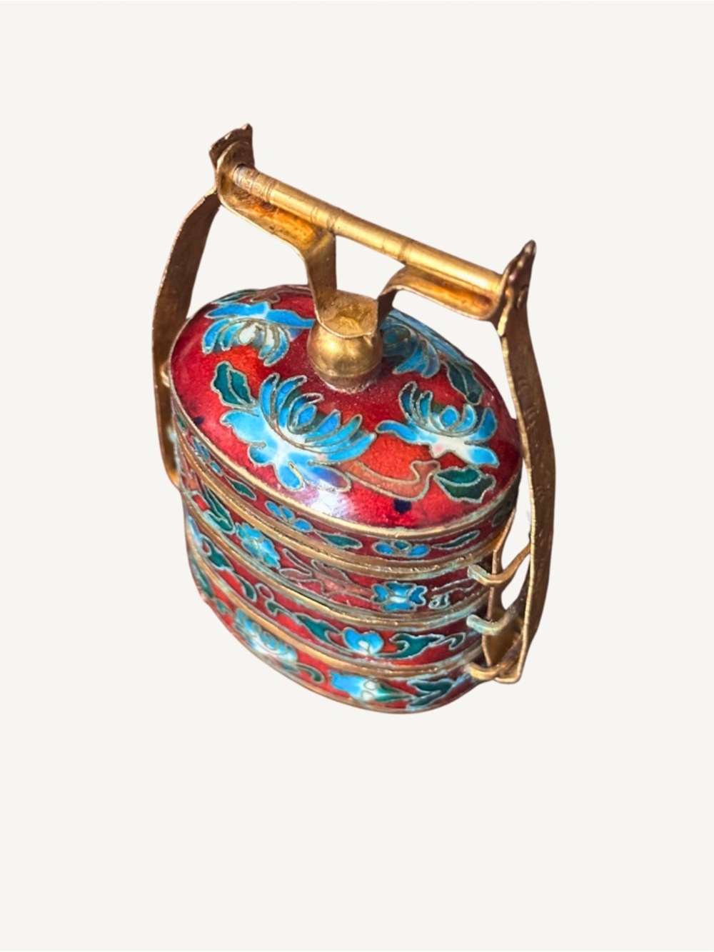 Antique Chinese Cloisonné Blue Teal Red Stacking Trinket Jewelry Pill Box - Picture 3 of 7